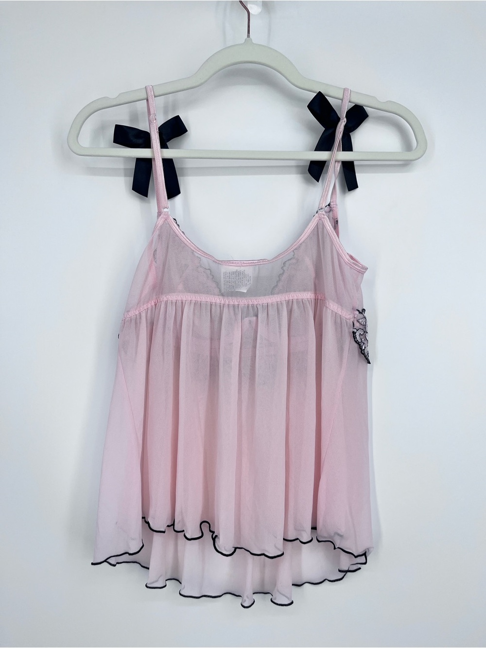 Vintage Y2K Sheer Mesh Babydoll Tee Cami Top Medium Pink Lace Rose Floral Fairy - Picture 7 of 9